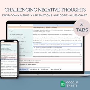 Challenging Negative Thinking Template CBT Worksheet Reframing Thoughts Core Values Identification Therapy Resource Psychology Tool
