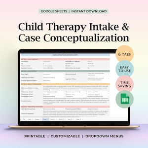 Könnte beinhalten: Ein Laptop zeigt ein Formular für "Child Therapy Intake & Case Conceptualization". Der Bildschirm zeigt ein strukturiertes Dokument mit Abschnitten für Klienteninformationen und Fallmuster. Text beinhaltet "Druckbar", "Anpassbar" und "Dropdown-Menüs".