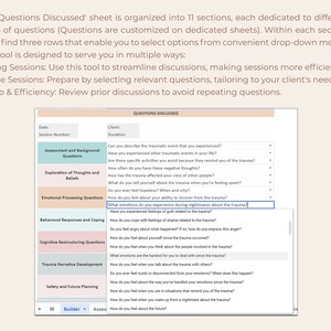 Puede incluir: Una captura de pantalla de un documento digital titulado "Preguntas Discutidas". El documento est&aacute; organizado en secciones con preguntas relacionadas con la recuperaci&oacute;n del trauma. Las preguntas est&aacute;n dise&ntilde;adas para ayudar a los terapeutas a guiar a sus clientes a trav&eacute;s del proceso de sanaci&oacute;n del trauma.