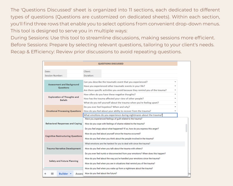 Puede incluir: Una captura de pantalla de un documento digital titulado "Preguntas Discutidas". El documento est&aacute; organizado en secciones con preguntas relacionadas con la recuperaci&oacute;n del trauma. Las preguntas est&aacute;n dise&ntilde;adas para ayudar a los terapeutas a guiar a sus clientes a trav&eacute;s del proceso de sanaci&oacute;n del trauma.