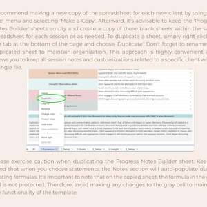 May include: A digital spreadsheet interface featuring a dropdown menu with the option Duplicate highlighted in green. The document contains sections for Session Mood, Therapist Observations, and Therapeutic Alliance Notes with text entries.