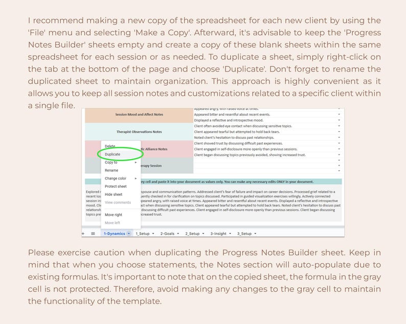 May include: A digital spreadsheet interface featuring a dropdown menu with the option Duplicate highlighted in green. The document contains sections for Session Mood, Therapist Observations, and Therapeutic Alliance Notes with text entries.