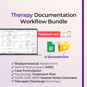 May include: A digital therapy documentation workflow bundle featuring a laptop displaying a case formulation form, a red therapy kit label, a green spreadsheet icon, a yellow folder icon, and a list of six included clinical document templates.