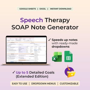 Extended Speech Therapy SOAP Note Generator Up to 5 Goals SLP Data Tracking Cueing Trials Google Sheets Excel Automated Clinical Notes Tool