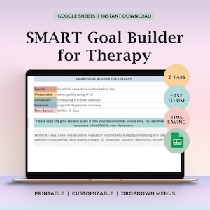 Puede incluir: Una pantalla de portátil muestra una plantilla "SMART Goal Builder for Therapy". La pantalla muestra una tabla con criterios de establecimiento de objetivos: Específico, Medible, Alcanzable, Relevante y Temporal. Texto adicional destaca las características de la plantilla.
