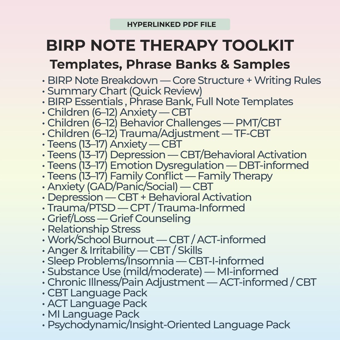 Skills Based Ripp Notes Example BIRP Notes Toolkit Therapist Progress Templates Phrase Bank CBT ACT Mi ...