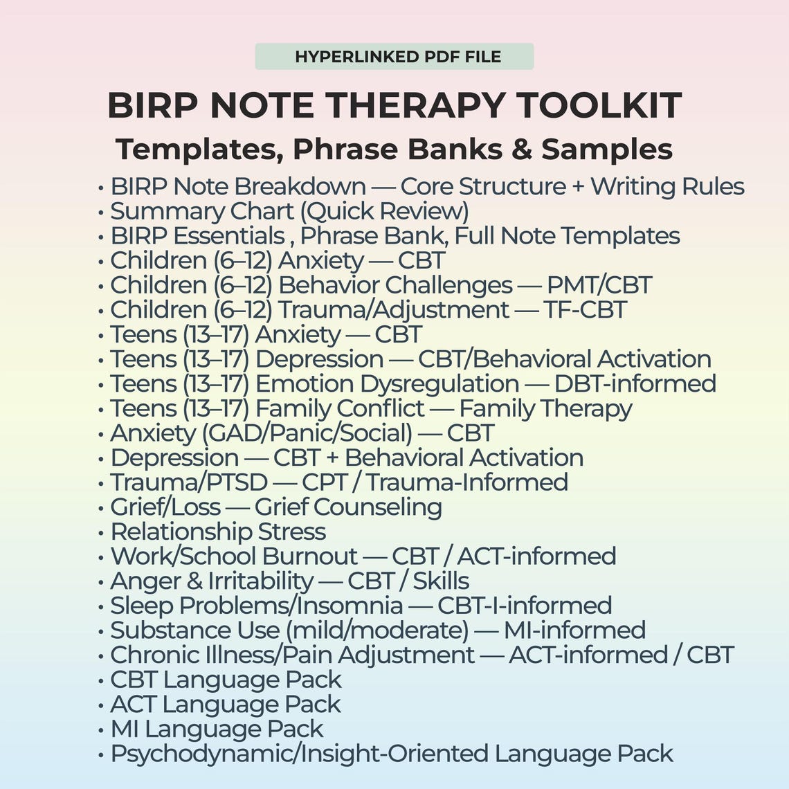 BIRP Notes Toolkit Therapist Progress Templates Phrase Bank CBT ACT Mi ...