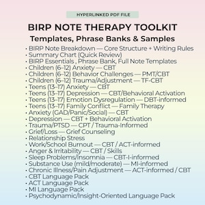 Könnte beinhalten: Ein digitales Dokument mit dem Titel "BIRP Note Therapy Toolkit" mit einer Liste von Vorlagen, Phrasenbanken und Beispielen für Fachkräfte im Bereich der psychischen Gesundheit. Themen sind Angstzustände, Depressionen, Traumata und Familienkonflikte. Das Dokument ist eine PDF-Datei.