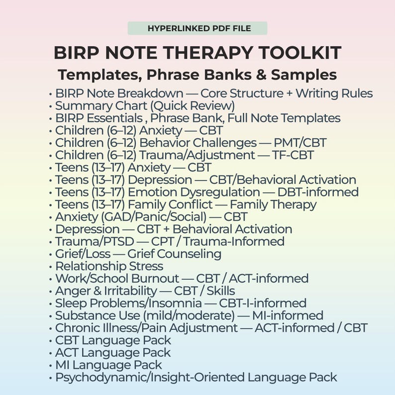 Dirp Note Example BIRP Notes Toolkit Therapist Progress Templates Phrase Bank CBT ACT Mi ...