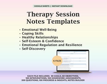 Modello di note per la sessione sugli obiettivi della terapia, pianificatore di interventi, promemoria per il terapeuta, domande sulla terapia, strumento professionale in formato PDF