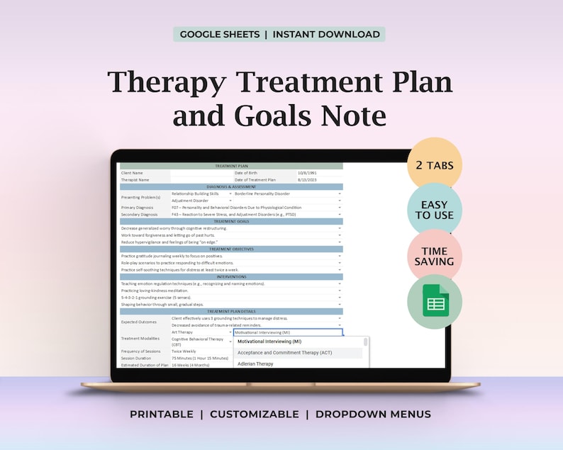 Psychology Treatment Plan, Treatment Plan Goals, Objectives, Therapist Notes, Therapeutic Plan, Therapist Tool, Therapist spreadsheet image 1