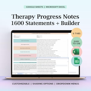 Excel用セラピー進捗記録テンプレート、カウンセリングセッション記録、メンタルヘルストラッカー、セラピストチートシート、カウンセラーツール
