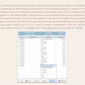 May include: A spreadsheet showing a list of expenses for a business. The spreadsheet includes columns for date, description, category, and amount. The total expenses from January 1, 2023 are &pound;6,122.30.