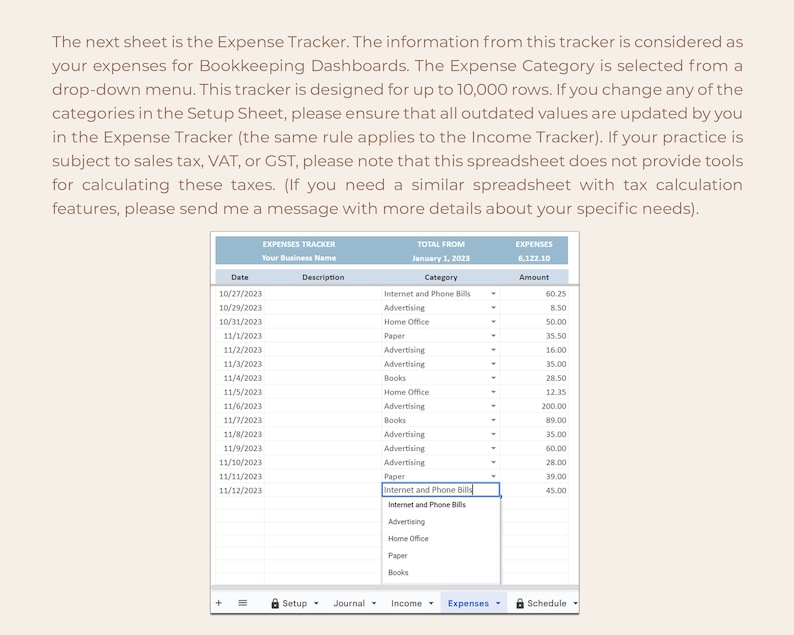 May include: A spreadsheet showing a list of expenses for a business. The spreadsheet includes columns for date, description, category, and amount. The total expenses from January 1, 2023 are &pound;6,122.30.
