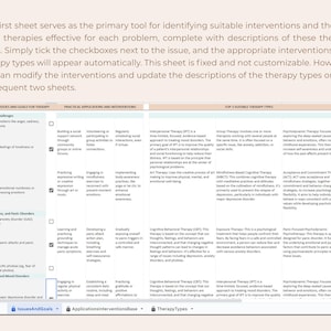 May include: A digital spreadsheet titled IssuesAndGoals featuring a table with columns for therapy goals, practical applications, and interventions. The document includes checkboxes and detailed text descriptions for various mental health therapy types.