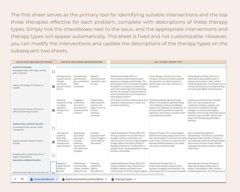 May include: A digital spreadsheet titled IssuesAndGoals featuring a table with columns for therapy goals, practical applications, and interventions. The document includes checkboxes and detailed text descriptions for various mental health therapy types.