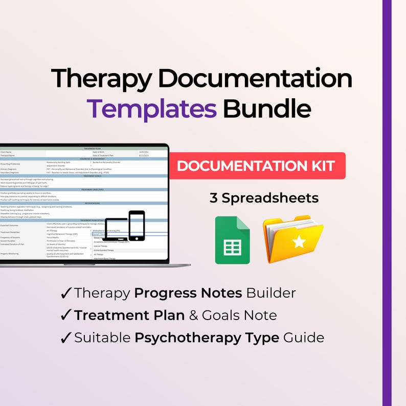 May include: Therapy Documentation Templates Bundle featuring a laptop screen displaying a document, a red Documentation Kit label, three spreadsheets, a green spreadsheet icon, a yellow folder icon, and a list of three therapy note tools.