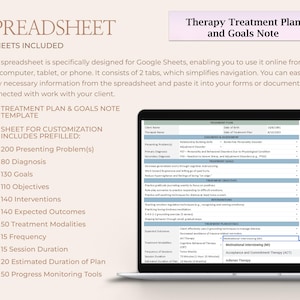 May include: A digital therapy treatment plan and goals note spreadsheet for Google Sheets. The document includes two tabs and prefilled data for presenting problems, diagnoses, goals, objectives, interventions, outcomes, modalities, and session details.