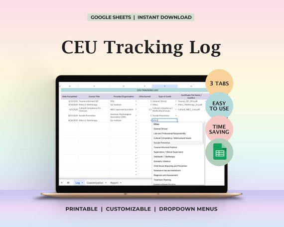 CEU Tracking Log Mental Health Professionals Audit Ready Continuing Education Record Sheet License Renewal Dashboard Chart for Therapists