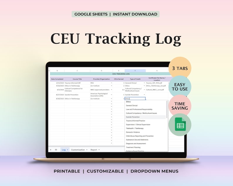 CEU Tracking Log Mental Health Professionals Audit Ready Continuing Education Record Sheet License Renewal Dashboard Chart for Therapists image 1