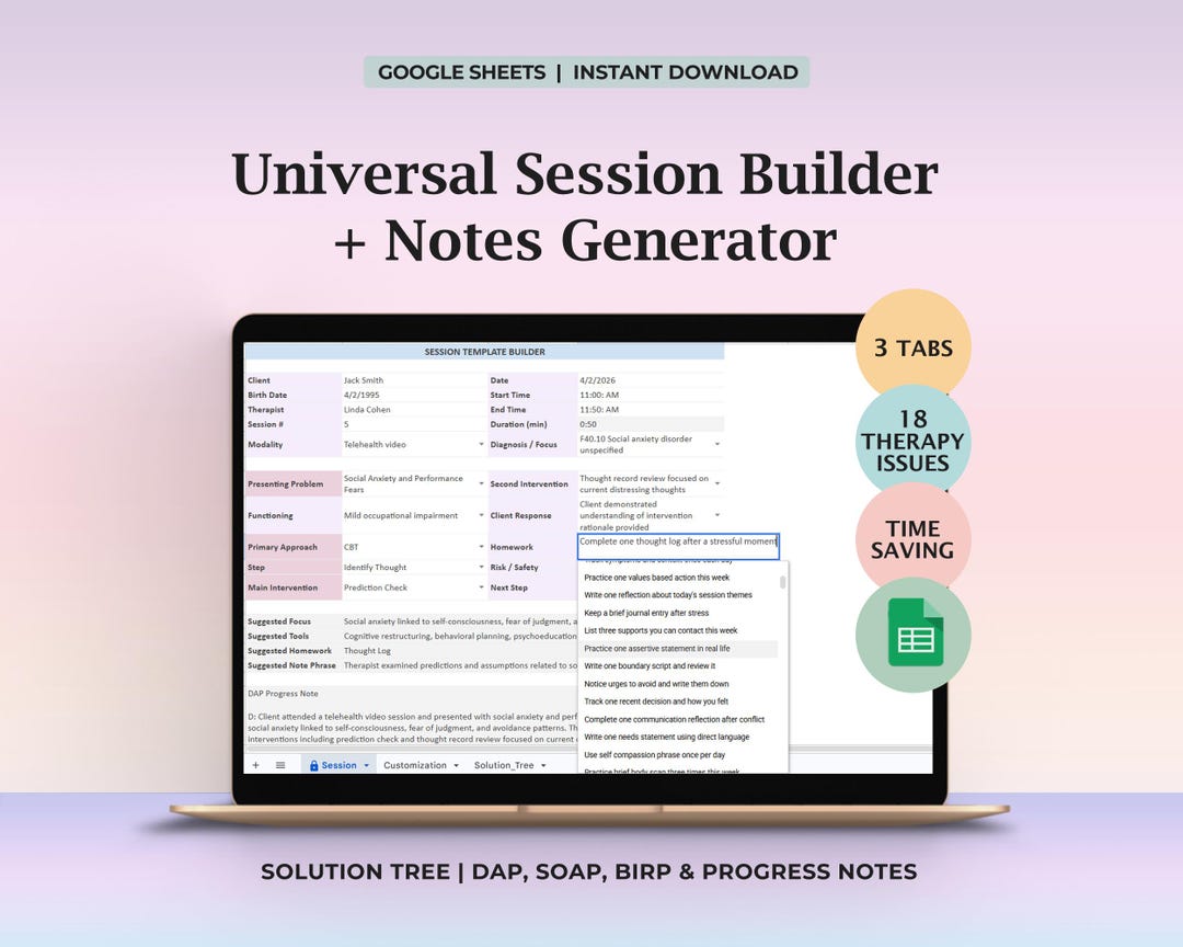 Therapy Session Notes Generator Spreadsheet SOAP DAP BIRP Progress Note ...