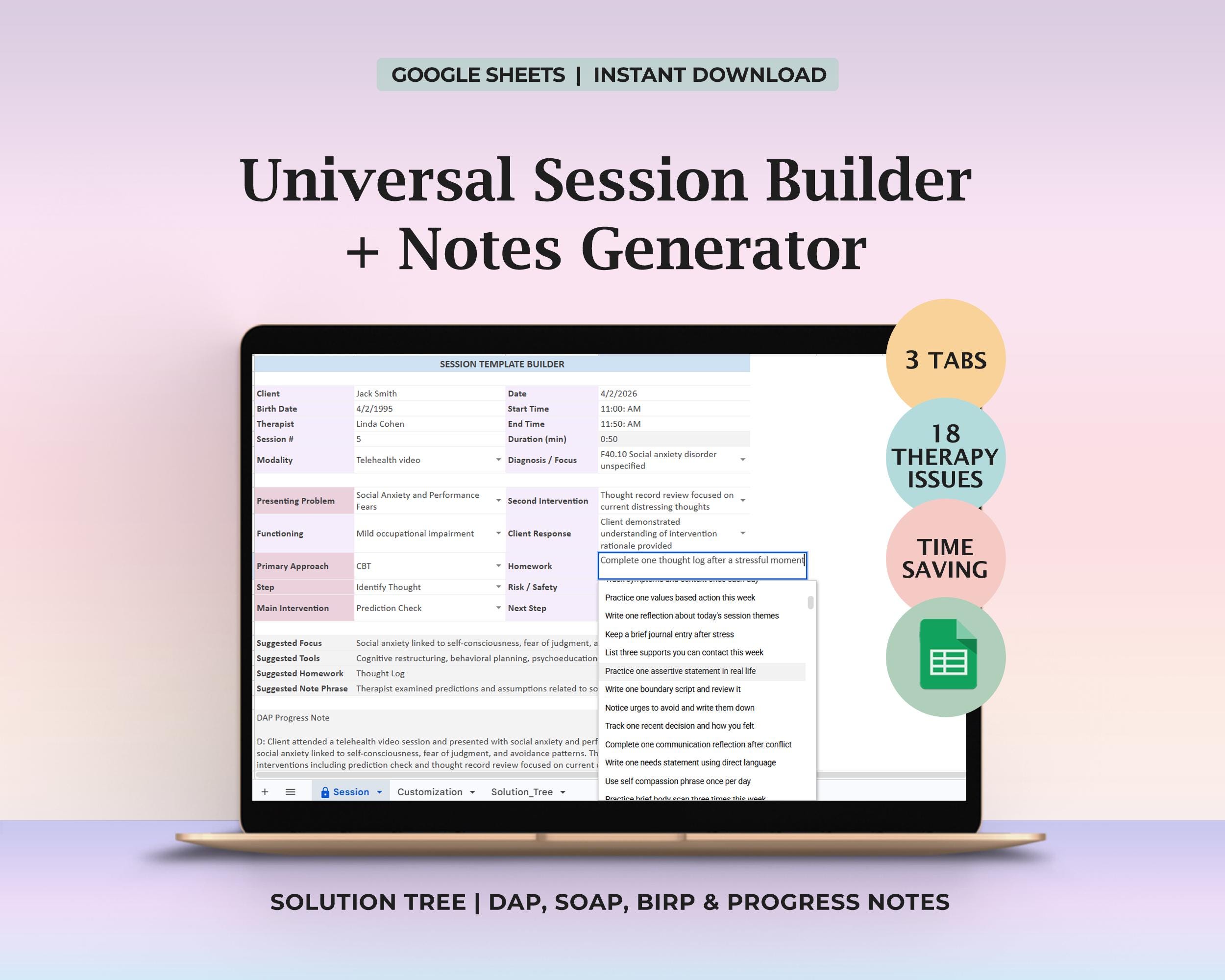 Therapy Session Notes Generator Spreadsheet SOAP DAP BIRP Progress Note ...