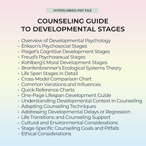 Guía de asesoramiento sobre las etapas del desarrollo Recurso para terapeutas Psicología NCE Estudiante Tabla de etapas de la vida imprimible Referencia de terapia Profesional
