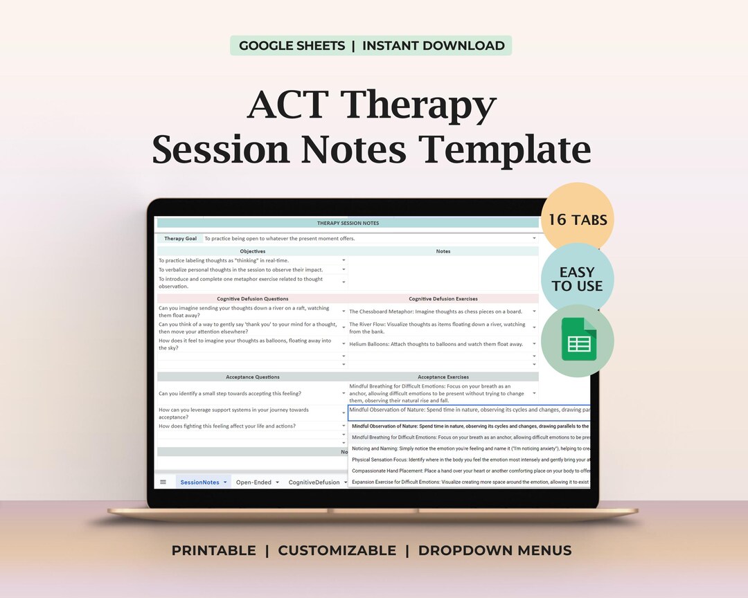 ACT Therapy Notes Template, Acceptance Commitment Therapy Session ...