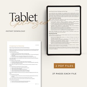 May include: A digital tablet screen displaying a document titled "Strengthening Your Relationship" with a section titled "Improving Communication and Emotional Intimacy". The document includes tips for improving communication and emotional intimacy in relationships. The tablet is on a white surface with the text "Tablet Optimized" and "Instant Download" above it. The text "2 PDF Files" and "27 Pages Each File" is displayed below the tablet.