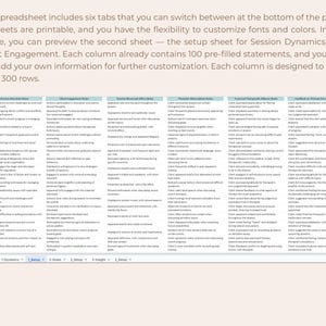 May include: A digital spreadsheet template featuring six tabs at the bottom, with the second tab labelled 1_Setup selected. The sheet displays six columns titled Session Overview Notes, Client Engagement Notes, Session Mood and Affect Notes, Therapist Observations Notes, Trust and Therapeutic Alliance Notes, and Feedback on Therapy Session Notes, each containing numbered rows of text.