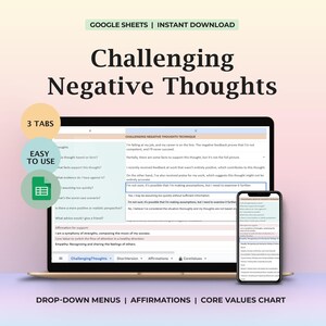 May include: A digital product displayed on a laptop and smartphone, titled "Challenging Negative Thoughts." The image includes the text "GOOGLE SHEETS | INSTANT DOWNLOAD," "3 TABS," and "EASY TO USE." The bottom text reads "DROP-DOWN MENUS | AFFIRMATIONS | CORE VALUES CHART."