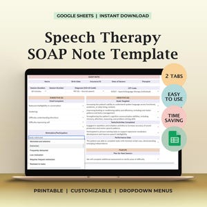 Speech Therapy SOAP Note Template SLP Progress Documentation Spreadsheet Daily Session Workflow Goals Interventions Insurance Friendly SLPs