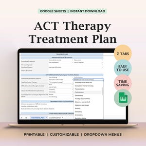 ACT Therapy Treatment Plan, Acceptance and Commitment Therapy Goals, Objectives, Therapist Notes, Therapeutic Plan, Template for Therapists