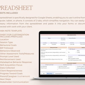 May include: A digital spreadsheet displayed on a laptop screen. The spreadsheet includes two tabs and is designed for Google Sheets. Text on the screen includes "ABA Note Template" and "Sheet for Customization". The spreadsheet is designed for online use.