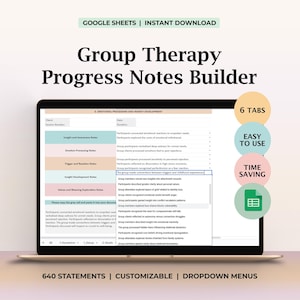 グループセラピーの進捗記録テンプレート、臨床フレーズビルダー、セッションステートメントログ、ケースマネジメントオーガナイザー、セラピストドキュメントツール