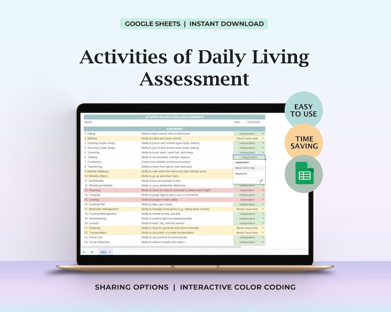 Activities of Daily Living Assessment Checklist ADL Evaluation Tool ...