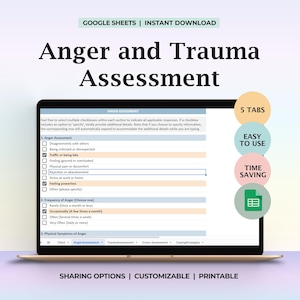Plantilla de evaluación de trauma e ira Formulario de admisión del terapeuta Detección de trauma infantil Herramienta de asesoramiento de respuesta emocional para adultos Formulario PDF digital