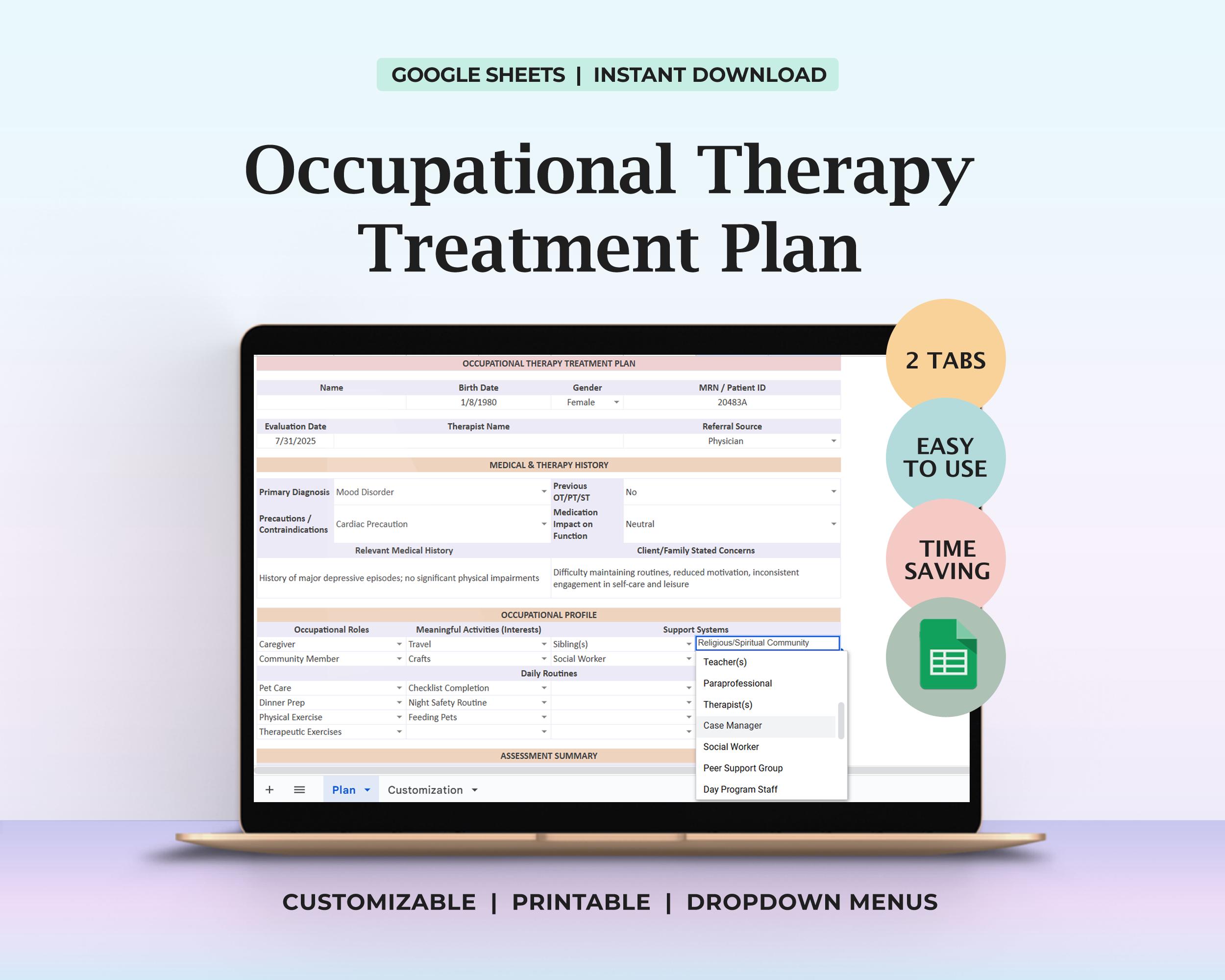 Occupational Therapy Treatment Plan Template Client Centered OT ...
