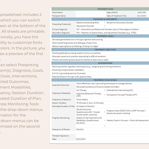May include: A digital treatment plan spreadsheet template featuring sections for client information, diagnosis, assessment, treatment goals, objectives, interventions, and plan details with drop-down menus for customisation and progress monitoring.