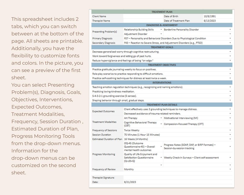 May include: A digital treatment plan spreadsheet template featuring sections for client information, diagnosis, assessment, treatment goals, objectives, interventions, and plan details with drop-down menus for customisation and progress monitoring.
