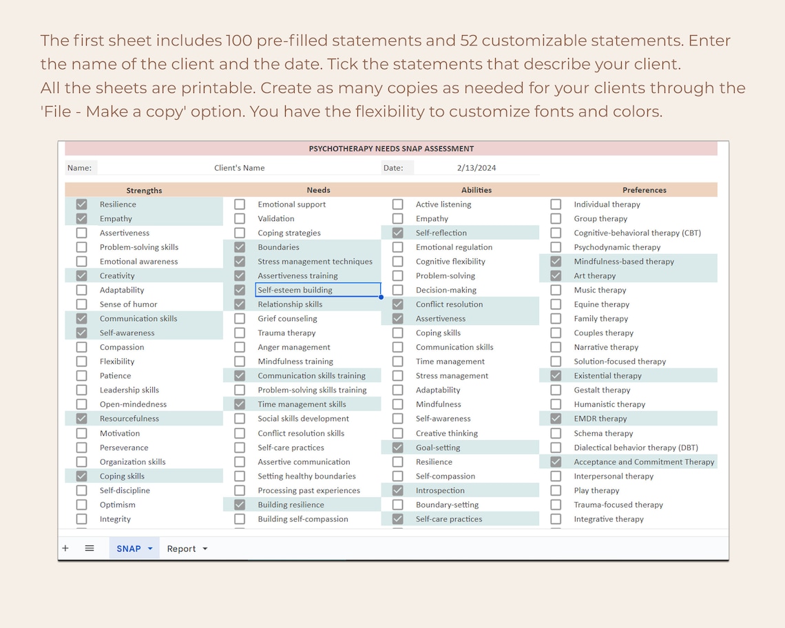 SNAP Assessment Template, Counseling Snap Assessment, Mental Health ...