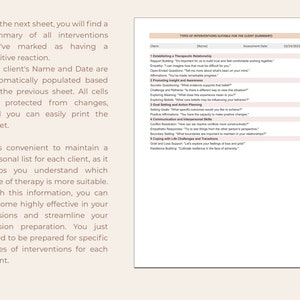 May include: A white sheet with a black text box containing a list of types of interventions suitable for a client. The list includes categories such as establishing a therapeutic relationship, promoting insight and awareness, goal setting and action planning, communication and interpersonal skills, and coping with life challenges and transitions.