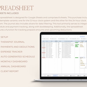 May include: A screenshot of a Google Sheet spreadsheet designed for therapists. The spreadsheet includes 8 sheets: Setup, Therapist Journal, Payments and Deductions, Expense Tracker, Auto-Generated Schedule, Monthly Dashboard, Annual Dashboard, and Client Report.