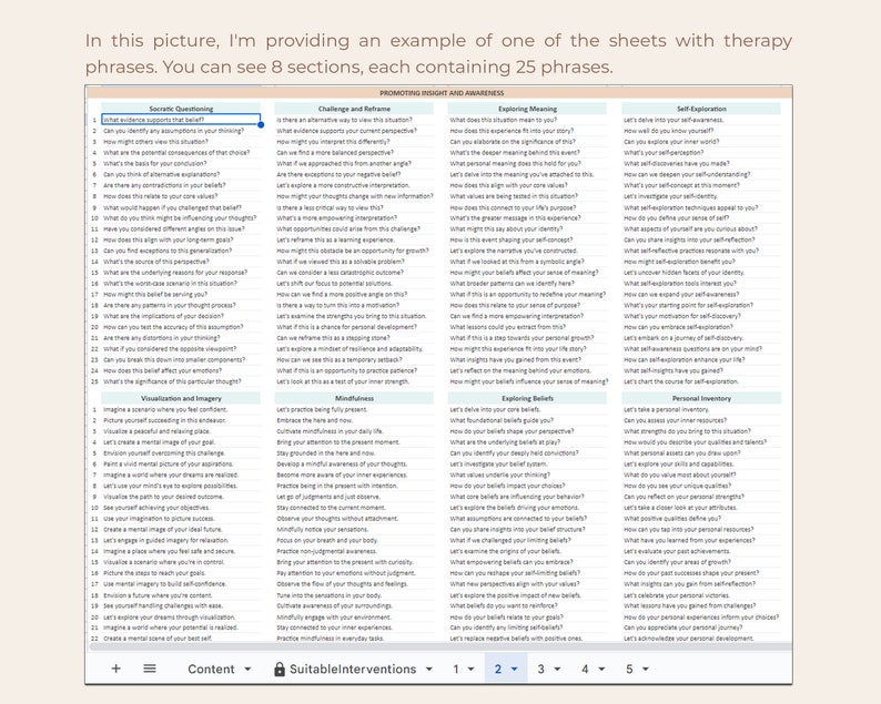 May include: A worksheet with 8 sections, each containing 25 phrases, titled "Promoting Insight and Awareness". The sections are "Socratic Questioning", "Challenge and Reframe", "Exploring Meaning", "Self Exploration", "Visualizations and Imagery", "Mindfulness", "Exploring Beliefs", "Personal Inventory".