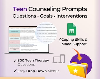 Foglio di calcolo con domande e interventi per la terapia adolescenziale, spunti per la consulenza adolescenziale, obiettivi del trattamento, strategie di coping, modello Google Sheets