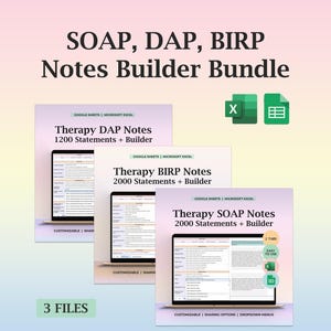 Puede incluir: Un paquete de productos digitales titulado "SOAP, DAP, BIRP Notes Builder Bundle". La imagen muestra tres documentos digitales con los títulos "Therapy DAP Notes", "Therapy BIRP Notes" y "Therapy SOAP Notes". Cada documento se muestra en la pantalla de un portátil.