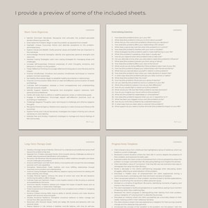 May include: A preview of included sheets, featuring lists of objectives, externalizing questions, therapy goals, and progress note templates. The sheets are printed on white paper with black text.