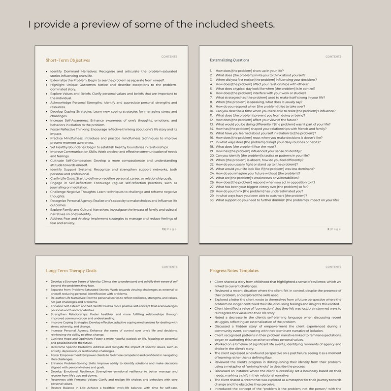 May include: A preview of included sheets, featuring lists of objectives, externalizing questions, therapy goals, and progress note templates. The sheets are printed on white paper with black text.