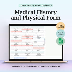 Plantilla de historial médico y formulario físico Hoja de evaluación de salud Evaluación médica Documentación de enfermería Herramienta de registro médico Digital