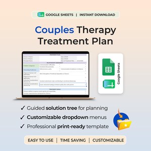 Puede incluir: Una plantilla digital de plan de tratamiento de terapia de pareja para Google Sheets. El documento incluye secciones para evaluación de relaciones, diagnóstico y objetivos de tratamiento. Incluye un icono de Google Sheets, un icono de carpeta y texto sobre menús desplegables personalizables.